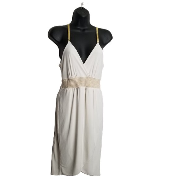 Guess Dress Sz M White Ivory Gold Glitter Straps Belted Wrap Mini Cocktail Party - Picture 1 of 13